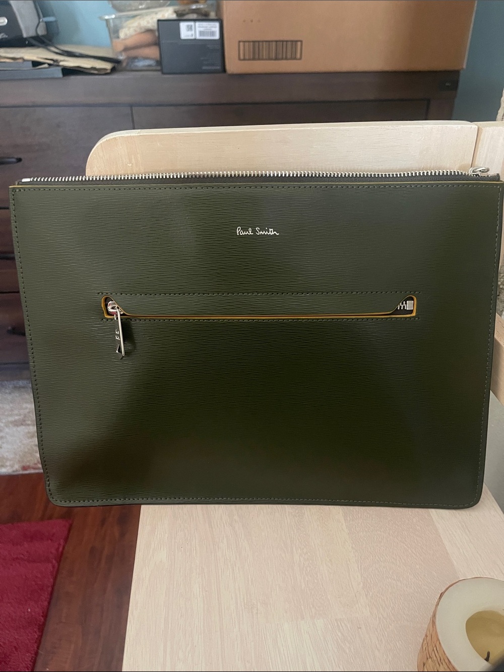 Paul Smith Olive Green Leather Zip Document Case with Front Zip Pocket